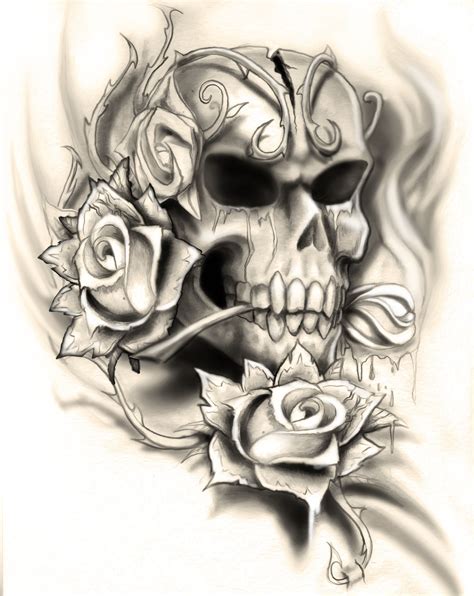 black and white skull and rose tattoo